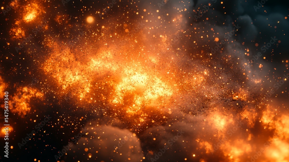 Fototapeta premium Intense fire explosion with glowing particles and thick smoke on dark background.