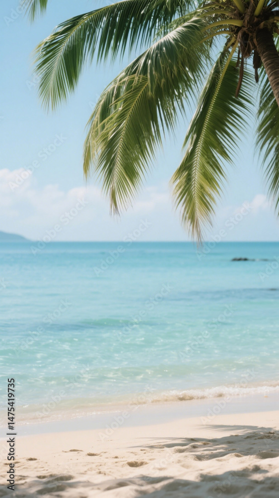 Fototapeta premium Tropical Beach Crystal-Clear Water Hanging Palm Leaves Soft Glow Dreamy 4K Aesthetic Scene