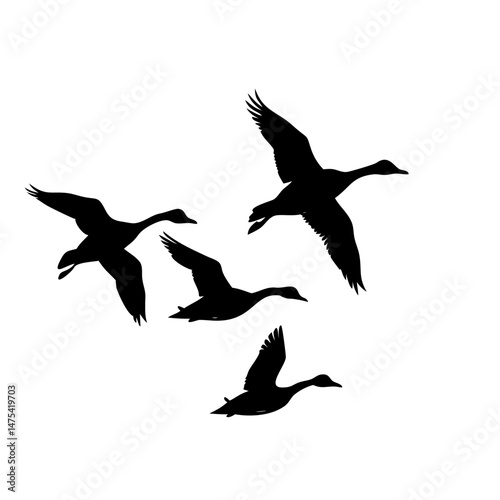 Silhouette of Ducks Flying in Formation Against a White Background Drawing