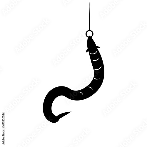 Simple black and white graphic of a fishing hook with worm