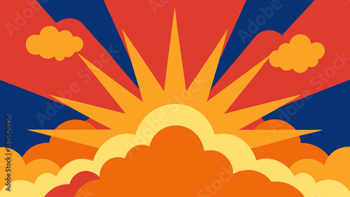 Bright Comic Scene with Dramatic Cloud Bursts and Rays – Vector template for ad, covers, posters.