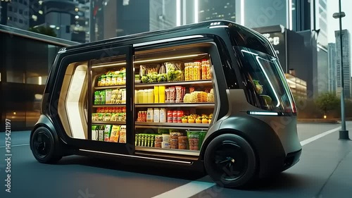 Futuristic autonomous grocery delivery vehicle showcasing diverse food items in urban setting