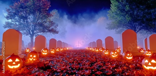 Spooky Halloween Night With Glowing Pumpkins Lining a Pathway in a Misty Graveyard