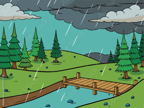 Rainy Day Scene at a Wooden Dock in a Coniferous Forest