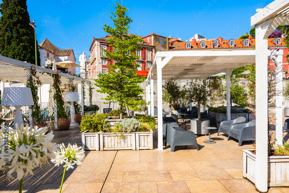 Cafe restaurant garden on rooftop terrace in old part of Lisboa town Alfama, Lisboa, Portugal