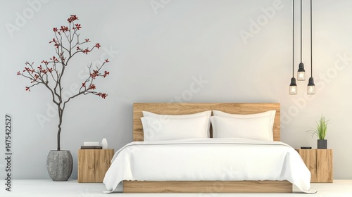 A modern minimalist bedroom with bed and decorative tree decor