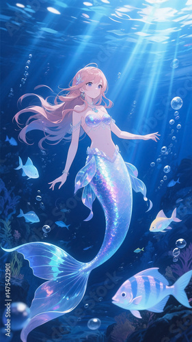 Underwater Anime Mermaid Girl Glowing Fish Drifting Light Beams Enchanting 4K Fantasy Scene