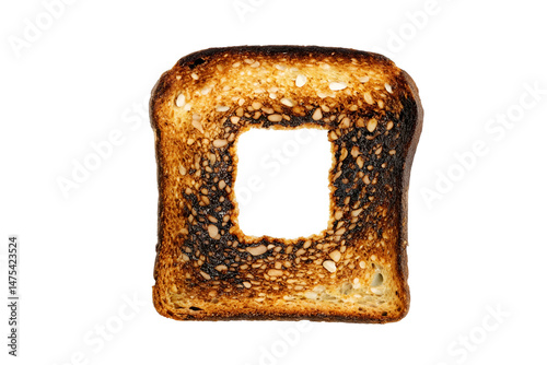 Brunt slice of bread with hole on white background 