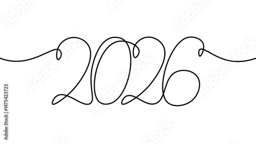 2026 year numeral handwritten in single line. Continuous line forms numbers. New Year designs event invitation. Minimalist art black line white background top view