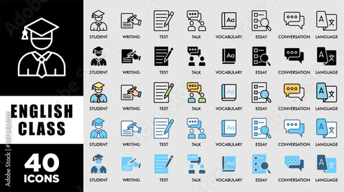 ENGLISH CLASS icon set with various styles and colors customer satisfaction questionnaire student, language, talk, writing, vocabulary, essay, conversation, test