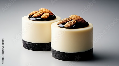 Fototapeta Naklejka Na Ścianę i Meble -  Elegant creamy dessert two delicious almond topped cakes sweet treat food nuts white black image