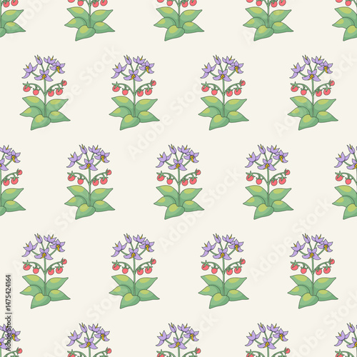 Seamless pattern with canary islands flowers tenerife nightshade in vintage millefleur style on white background. Hand drawn classic floral wallpaper vector illustration