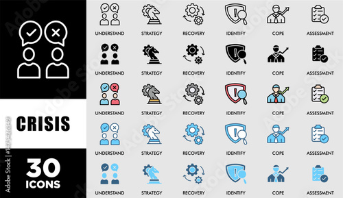 CRISIS icon set with various styles and colors customer satisfaction questionnaire understand, identify, recovery, assessment, strategy and cope icons symbol live stroke editable
