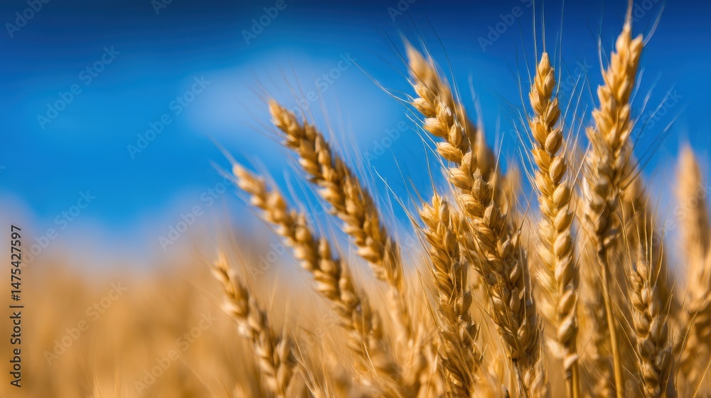 Fototapeta premium Golden wheat field under a clear blue sky, showcasing nature's bounty and tranquility