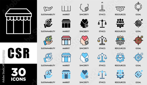CSR icon set with various styles and colors customer satisfaction questionnaire  Corporate social responsibility and giving back to the community icons symbol live stroke and easy to edit