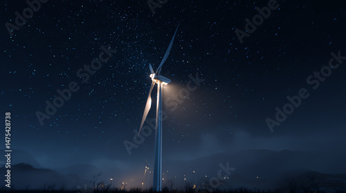 wind turbine at night with stars