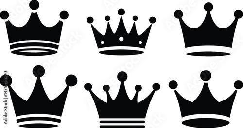 Collection of Simple Black Crown Icons for Royalty, Design, or Gaming Themes