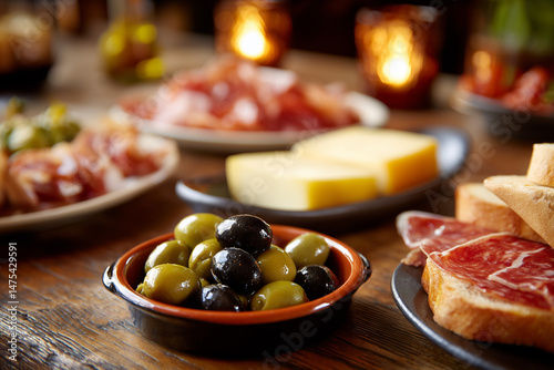 A rustic tapas scene with a small plate of green and black olives surrounded by an assortment of cheeses, slices of cured meats and crusty bread, the atmosphere is cosy and welcoming