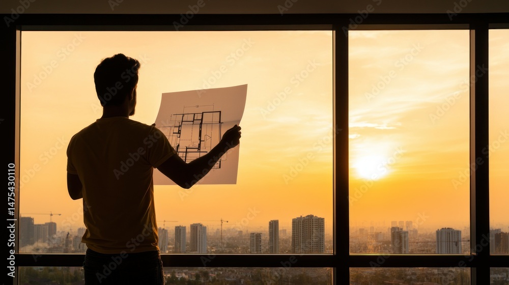 Fototapeta premium A man reviewing blueprints by a window in the sunset