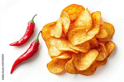 Pile of spicy potato chips with two red chili peppers on a white background