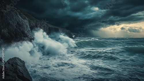 Dramatic coastal scene with powerful waves crashing against rocks.