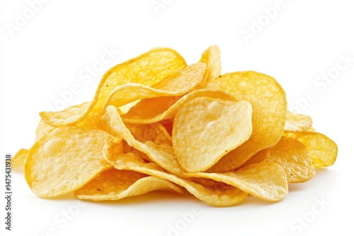 A stack of golden potato chips is presented on a plain white background in close up