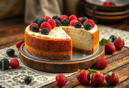 Vegan cheesecake with mixed berry topping on a rustic wooden table