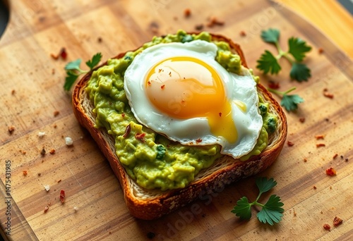 Avocado toast with runny egg and garnishes