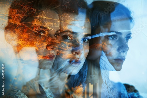 A contemplative young woman with light skin and dark hair, her face layered with a vibrant cityscape, creating an artistic double exposure effect.