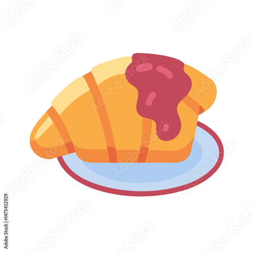 Delicious cartoon croissant with berry jam on plate