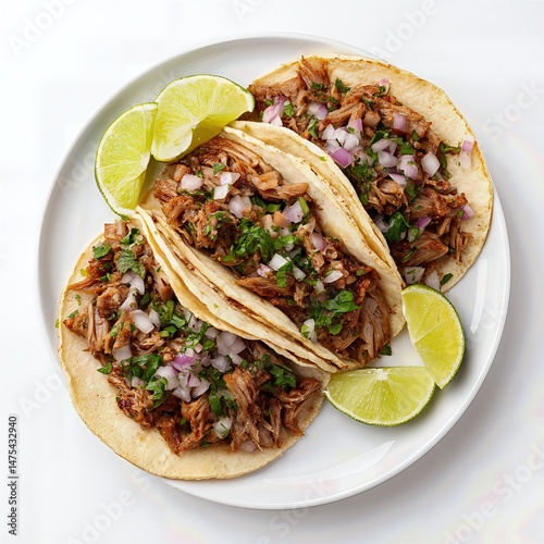 Three delicious pulled pork tacos with onion and cilantro garnished with lime wedges on white plate white background top view