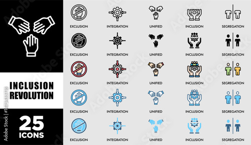 INCLUSION REVOLUTION icon set with various styles and colors customer satisfaction questionnaire of exclusion, segregation, integration, inclusion and unified