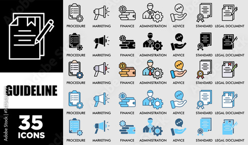 GUIDELINE icon set with various styles and colors customer satisfaction questionnaire of rule, procedure, legal document, standard, administration, advice, finance, marketing