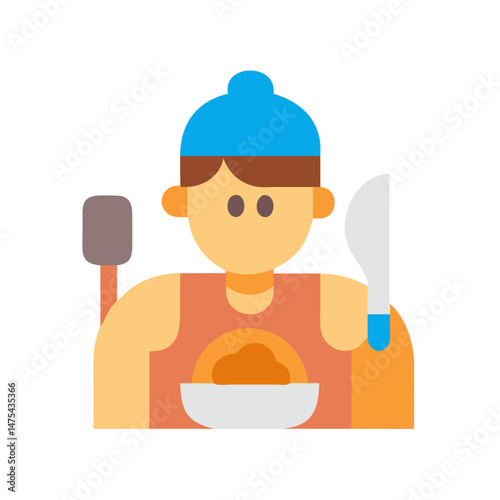 Cartoon man eating rice bowl with knife illustration