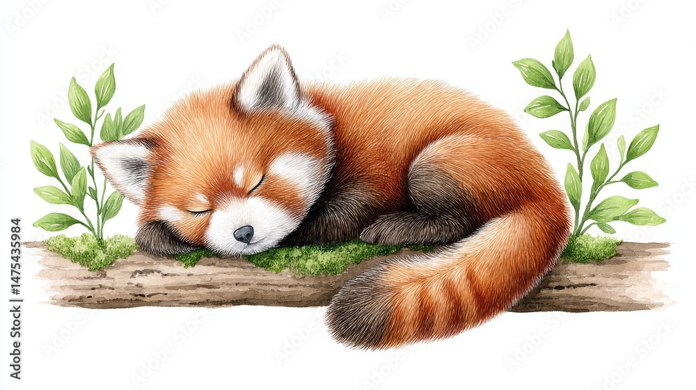 Obraz premium Peaceful Red Panda Slumber - A gentle watercolor painting of a red panda sleeping peacefully on a mossy log, symbolizing tranquility, nature, wildlife, dreams, and serenity