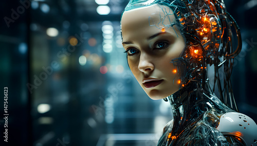 Wallpaper Futuristic female cyborg portrait at cybercity and glowing elements. AI, robotics, and advanced technology concept for a sci-fi vision. Cyborg 4K Wallpaper backgrounds	