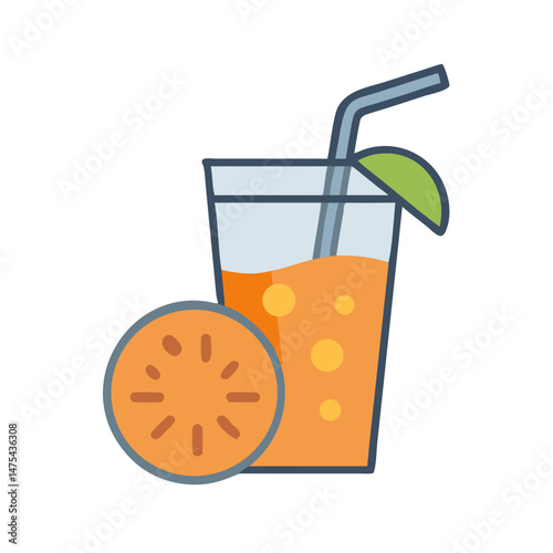 Refreshing orange juice icon with straw and slice