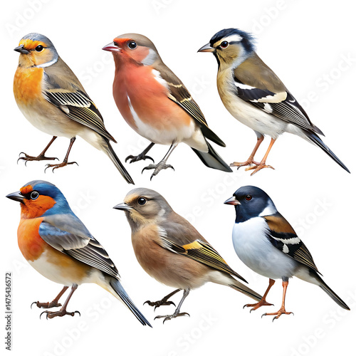 A stunning collection of six beautifully illustrated colorful songbirds isolated on transparent background