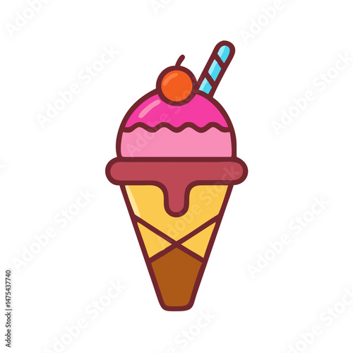 Cute cartoon ice cream cone illustration on black