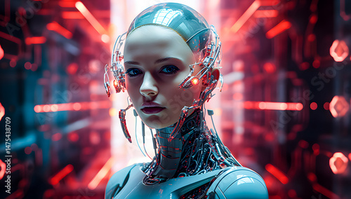 Wallpaper Futuristic female cyborg portrait at cybercity and glowing elements. AI, robotics, and advanced technology concept for a sci-fi vision. Cyborg 4K Wallpaper backgrounds	