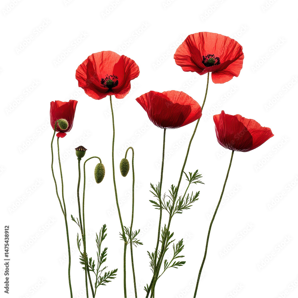 Naklejka premium Vibrant poppy flowers in various stages of bloom isolated on a clean Transparent background, Red poppy flowers isolated on PNG background
