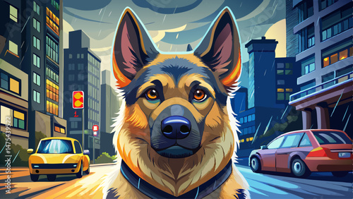  portrait close up German Shepherd dog sits in city street, rain, police car. Very beautiful