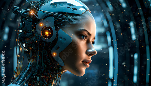 Wallpaper Futuristic female cyborg portrait at cybercity and glowing elements. AI, robotics, and advanced technology concept for a sci-fi vision. Cyborg 4K Wallpaper backgrounds	