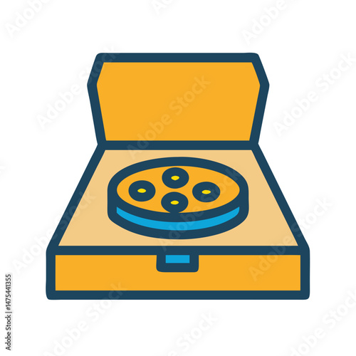 Delicious pizza delivery in open carton box icon
