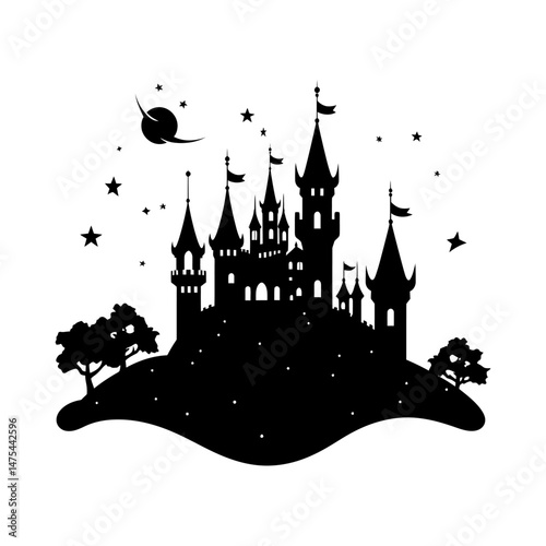 Enchanted Castle Silhouette Against Moonlight