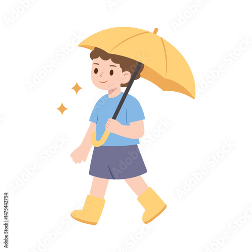 A little boy walks confidently under a yellow umbrella, wearing rain boots. Carefree childhood. A cheerful rainy day cartoon vector illustration isolated on white.