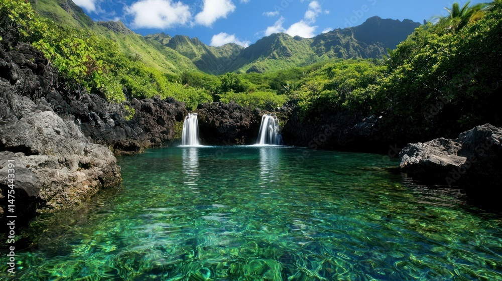 Fototapeta premium Two waterfalls cascade into a crystal clear mountain lake