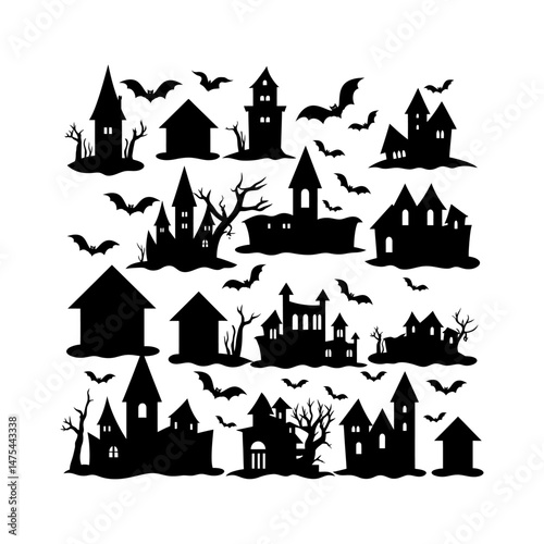 Haunted Castle with Bats Silhouette Clipart
