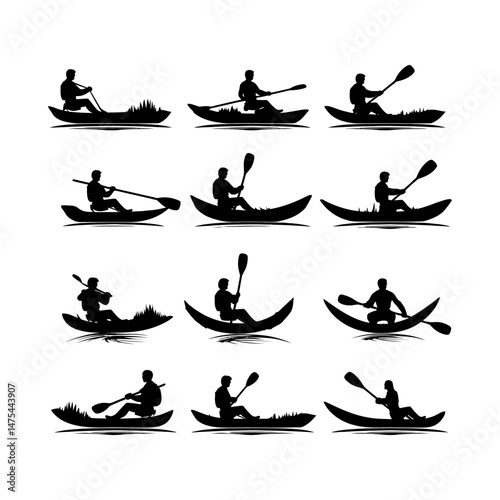 Kayaker in Action Silhouette Clipart on White Background