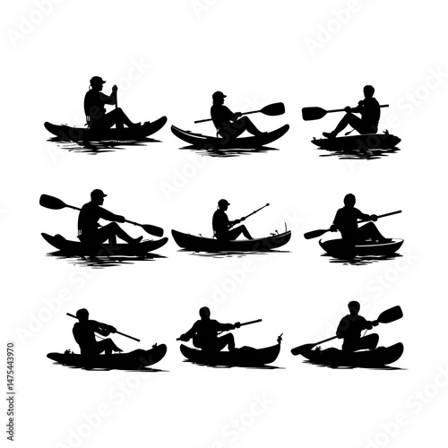 Kayaker in Action Silhouette Clipart on White Background